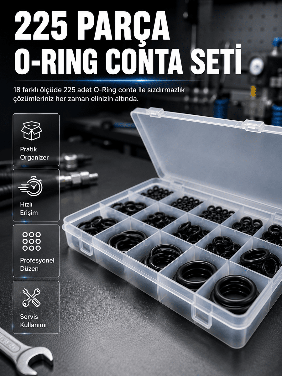 225 Parça O-Ring Conta Seti 18 Farklı Ölçü Kauçuk Sızdırmazlık Conta Organizer Kutulu