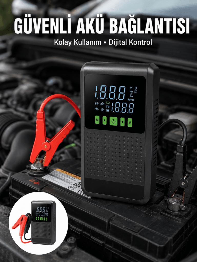 12.000 mAh Şarjlı Araç Akü Takviye ve Işıklı Hava Kompresörü Yeni Nesil