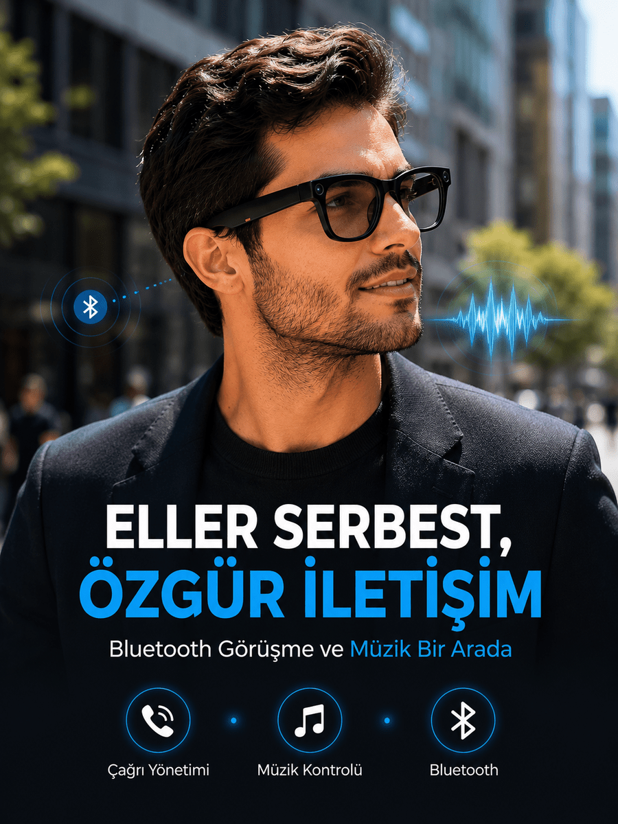 Siyah Kameralı Akıllı Gözlük Bluetooth Telefon Görüşmeli Video Fotoğraf ve Ses Kayıtlı Dokunmatik Kontrollü