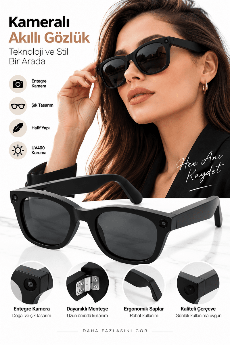 Kameralı Akıllı Gözlük Smart Glasses Güneş Gözlüğü Modern Siyah
