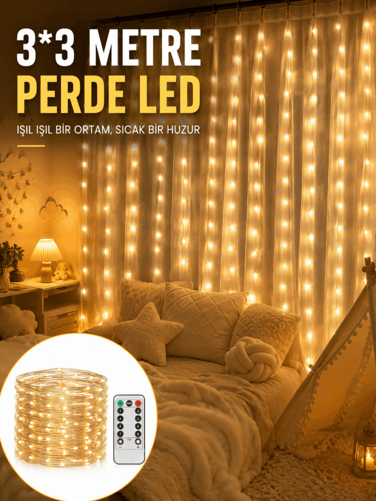 3x3 Metre Perde LED Işık – Parti ve Bahçe Dekorasyonu Yeni Nesil