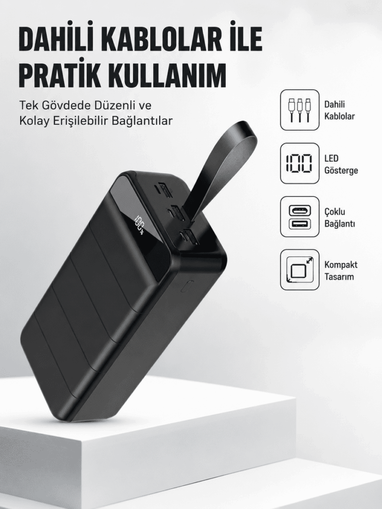 50.000 mAh Kapasiteli Powerbank – Hızlı Şarj Destekli, 4 USB Portlu, LED Işıklı Taşınabilir Enerji Deposu