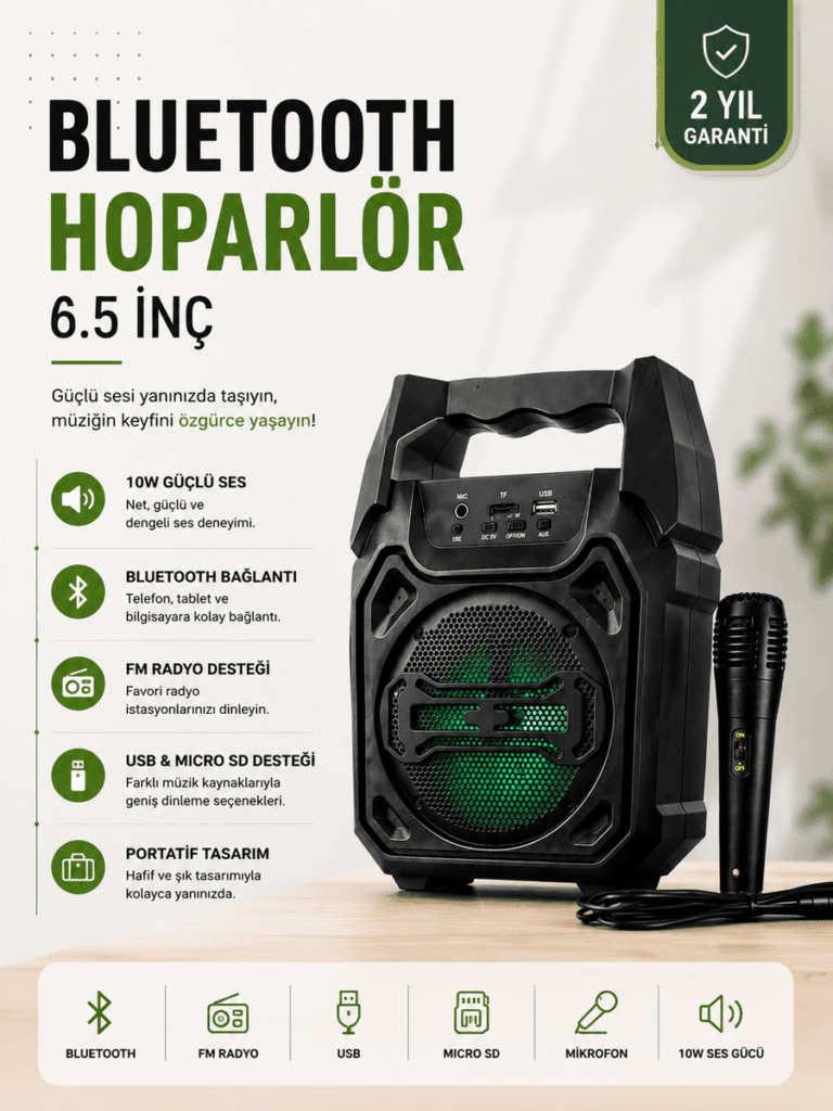 Yeni Nesil 6.5 İnç Bluetooth Hoparlör Mikrofonlu Taşınabilir Ses Sistemi