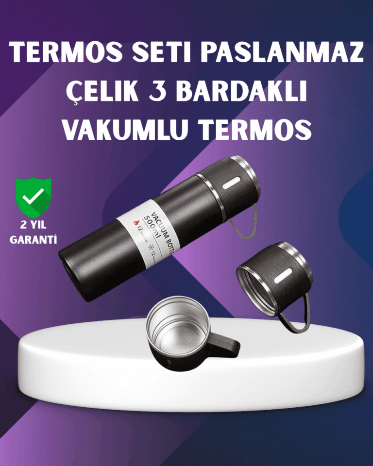 Paslanmaz Termos ve İkili Bardak Seti | 6-12 Saat Sıcak/Soğuk Tutma
