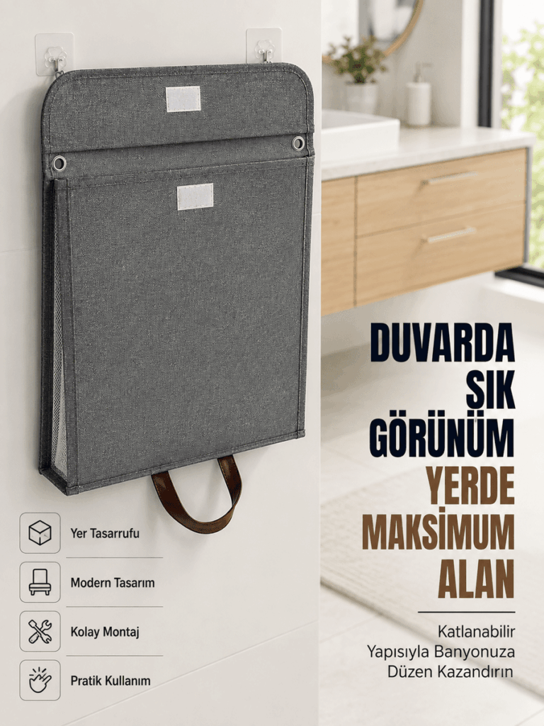 Katlanır Duvar Askılı Çamaşır Sepeti Geniş İç Hacimli Banyo Düzenleyici
