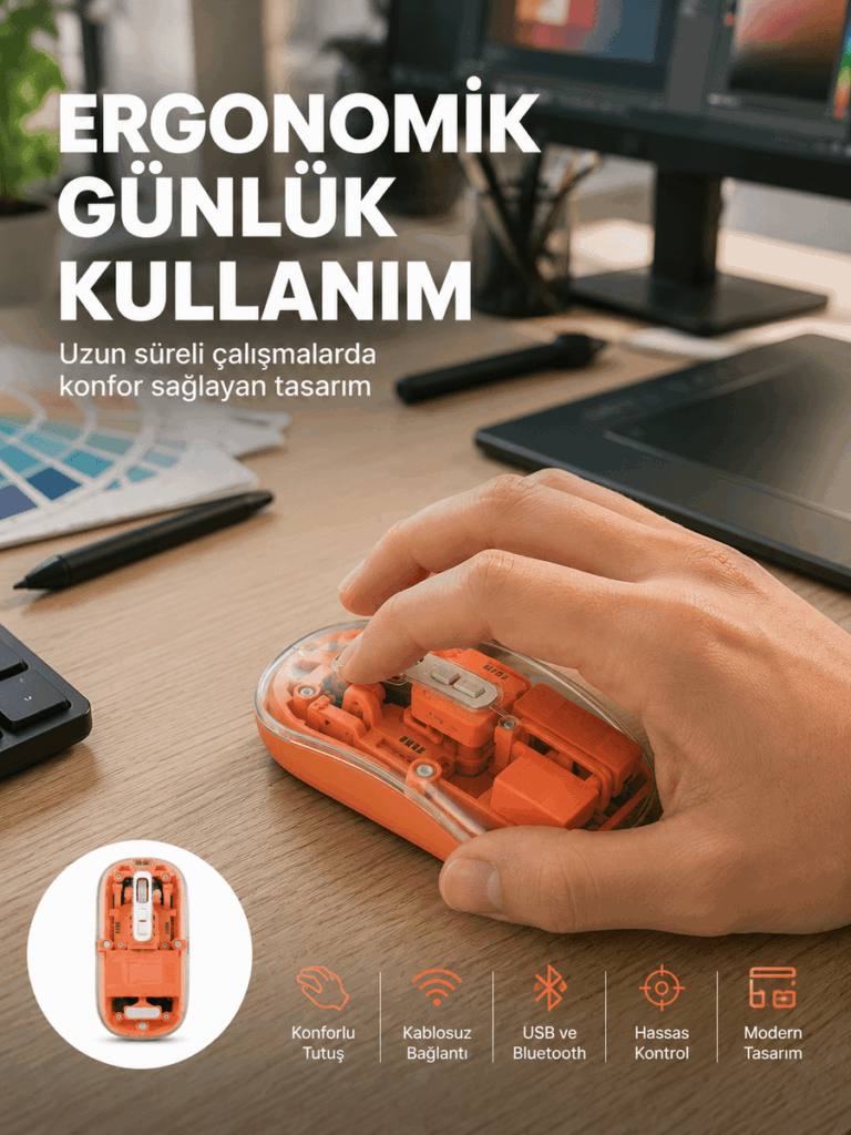 Şeffaf Kablosuz Mouse Bluetooth Bağlantılı Sessiz Tıklama Yeni Nesil