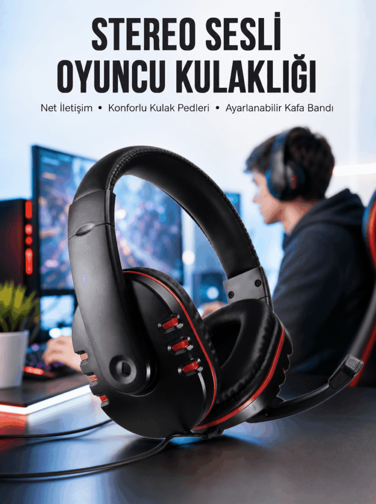 Oyuncu Kulaklığı Kulak Üstü Kablolu Stereo Mikrofonlu Yumuşak Kulak Yastığı Yeni Nesil