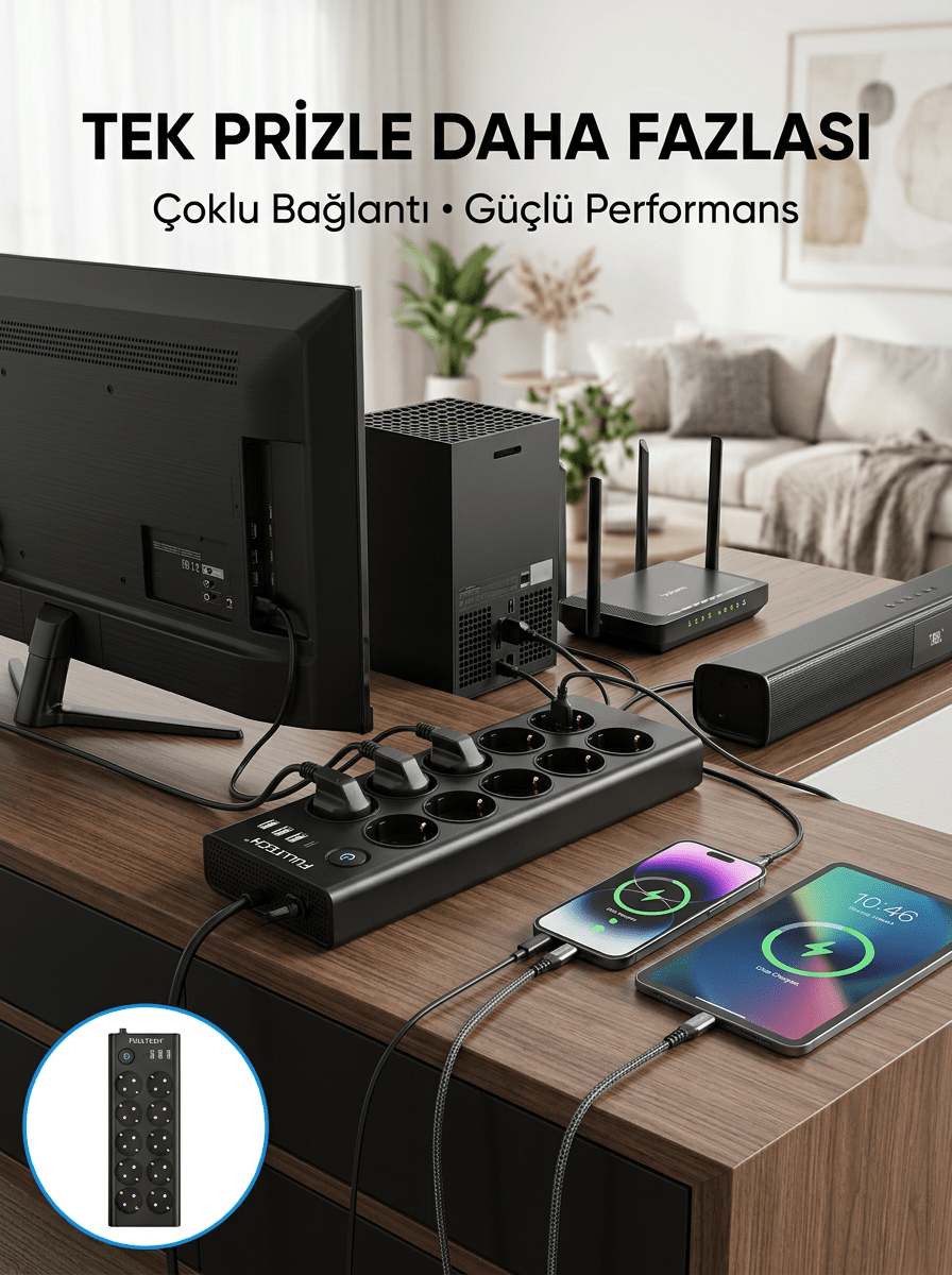 10 Prizli USB Destekli Çoklu Priz Type-C Şarj Girişli Güvenli Güç Ünitesi