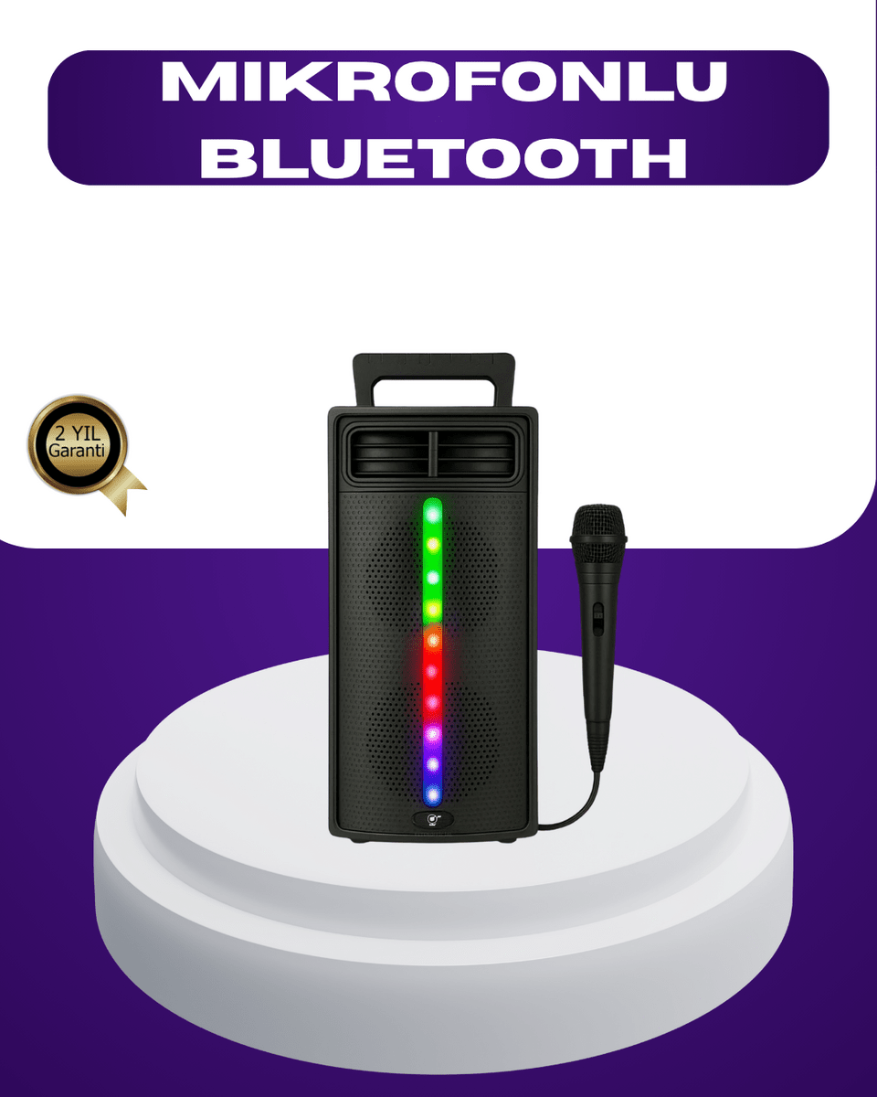 Bluetooth Işıklı Hoparlör – 2x5W Güç | USB + TF Kart + FM Radyo | Siyah Renk
