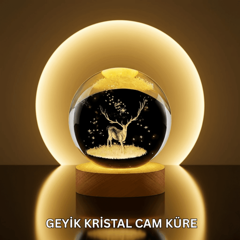 Doğal Ahşap Standlı Geyik Figürlü Kristal Küre LED Dekoratif Lamba