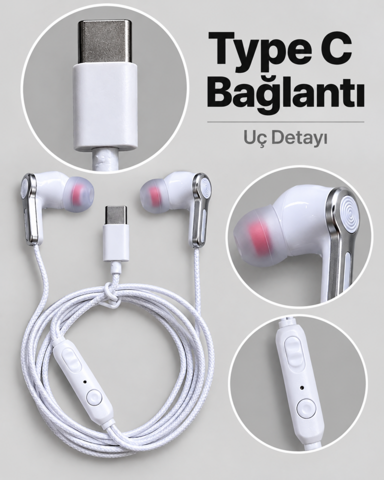 Kumandalı ve Silikon Başlıklı Beyaz Type C Kablolu Kulaklık