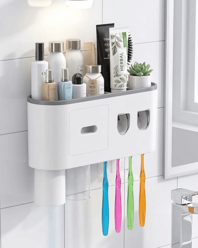 Banyo Organizer Diş Fırçası Tutucu Çift Dispenserli Raflı Çekmeceli