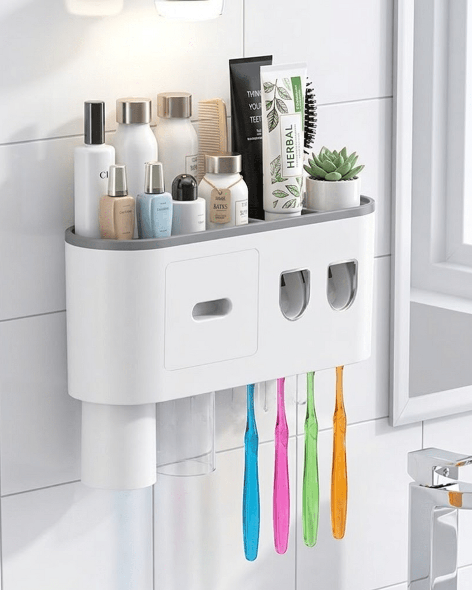 Banyo Organizer Diş Fırçası Tutucu Çift Dispenserli Raflı Çekmeceli