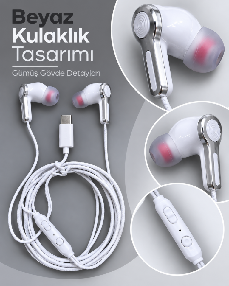 Örgülü Kablo Tasarımlı Kumandalı Beyaz Type C Kulaklık