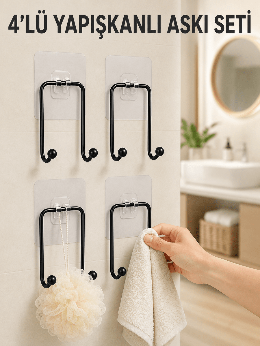 4'lü Yapışkanlı Askı Seti Mutfak Banyo ve Ev İçin Duvar Askısı