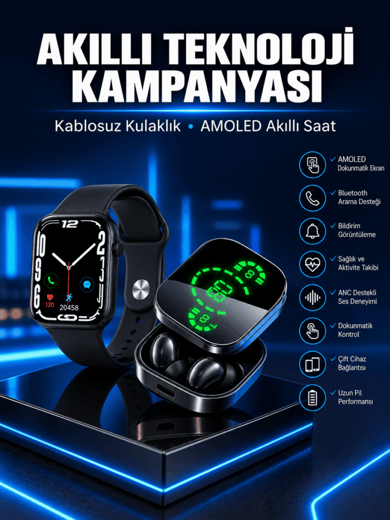 Yeni Nesil Akıllı Saat ve Ucuz Kaliteli Bluetooth Kablosuz Kulaklık Amoled Ekran