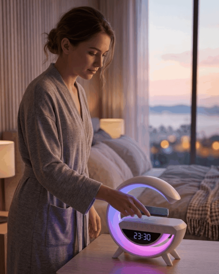 Çok Fonksiyonlu Kablosuz Şarjlı Saat Hoparlör RGB Işık ve Alarm Özellikli