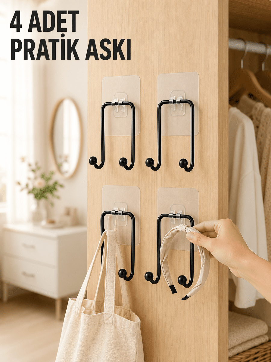4 Adet Yapışkanlı Duvar Askısı Çok Amaçlı Pratik Askılık Seti