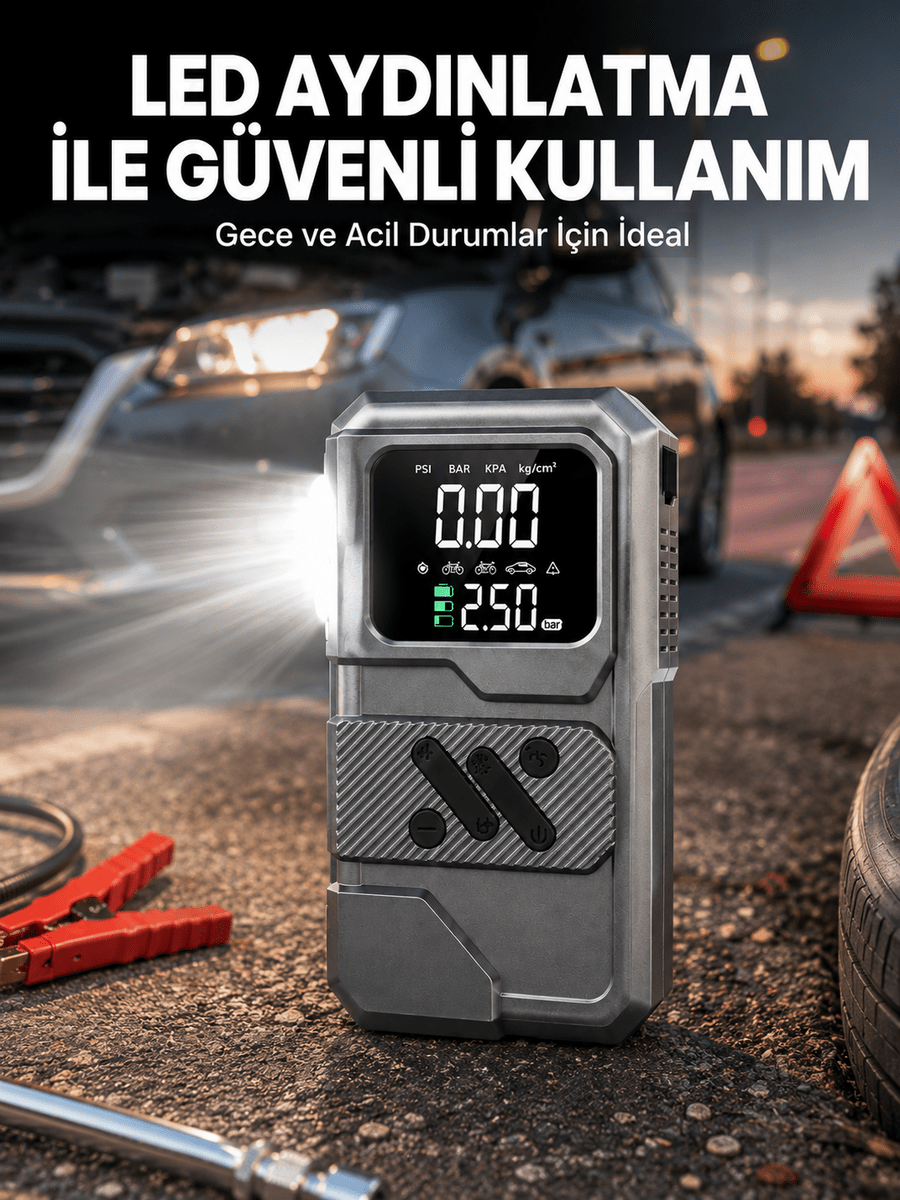 Çok Fonksiyonlu Akü Takviye ve Taşınabilir Hava Kompresörü