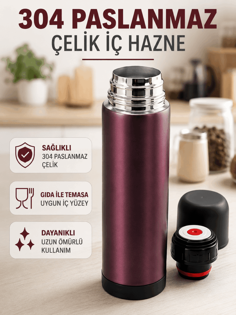 Paslanmaz Çelik Seyahat Termosu Tek Tuşlu Vakumlu Kahve ve Çay Termosu