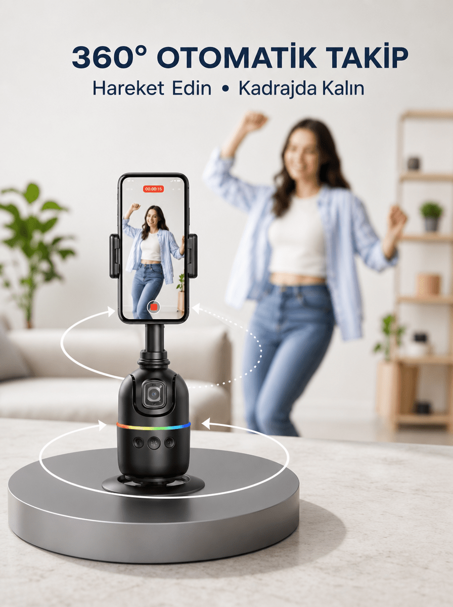 Yapay Zeka Destekli Yüz Takip Özellikli 360 Derece Dönen Masaüstü Telefon Sabitleyici Yeni Nesil