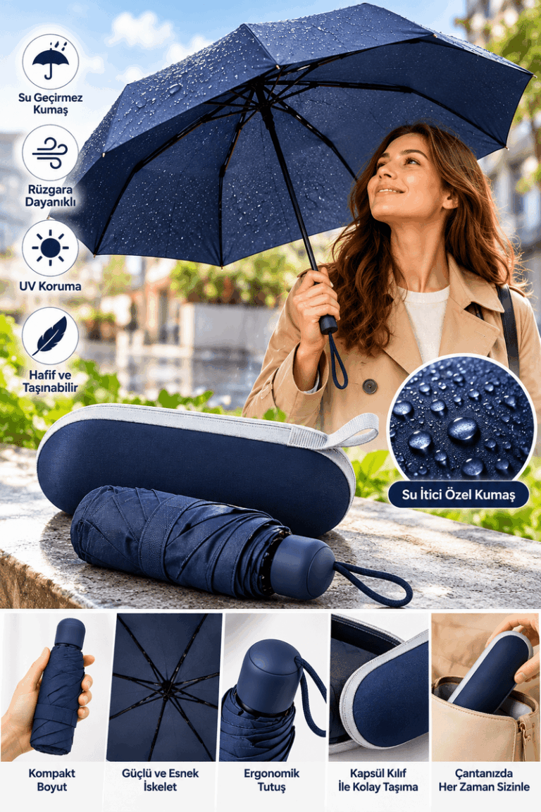 Pratik Taşınabilir Lacivert Kapsül Şemsiye Su İtici Kumaş Ergonomik Kullanım
