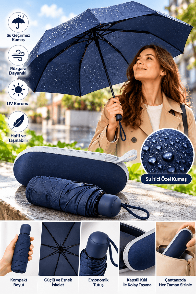 Pratik Taşınabilir Lacivert Kapsül Şemsiye Su İtici Kumaş Ergonomik Kullanım