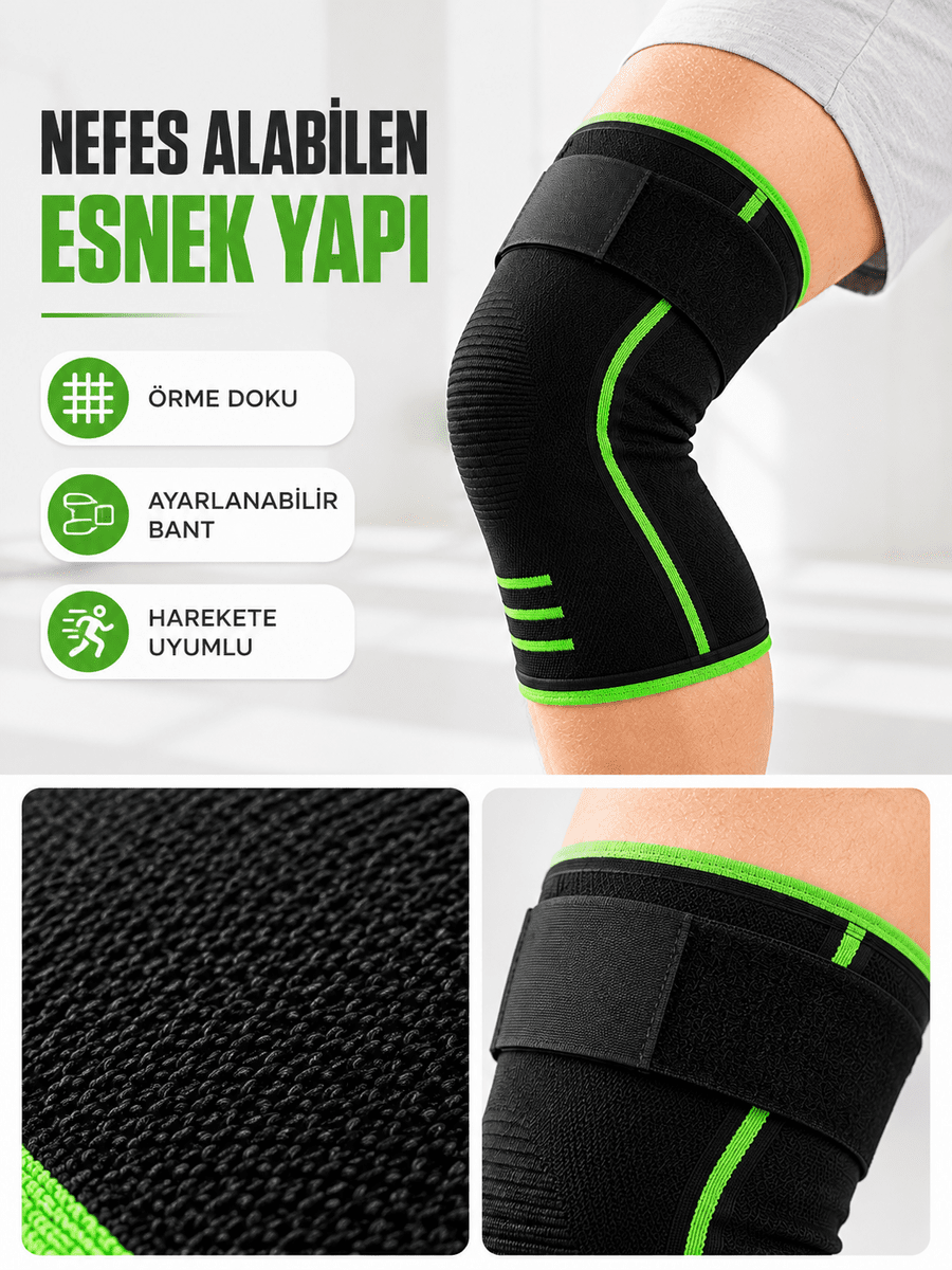 Sporcu Dizliği Siyah Yeşil Esnek Nefes Alabilen Destek Bantlı Dizlik