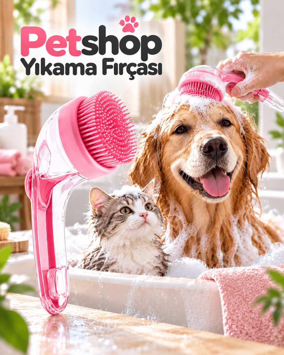 Şampuan Hazneli Silikon Pet Yıkama Fırçası Kedi ve Köpekler İçin Pratik Banyo Tarağı