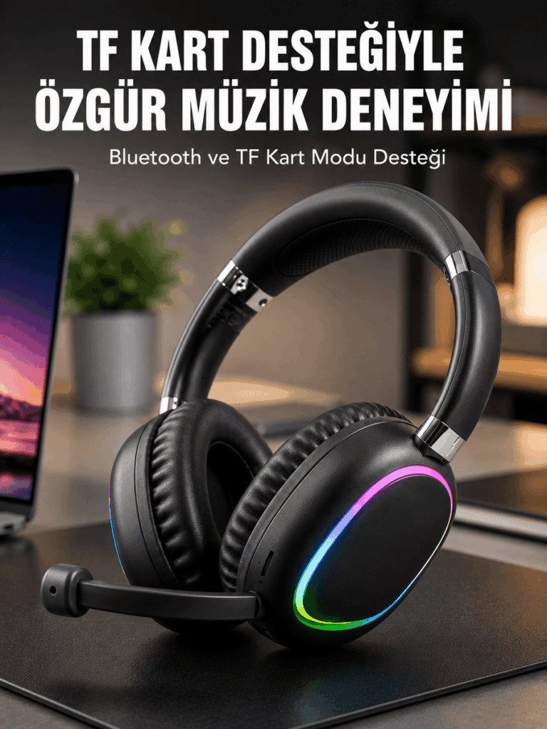 Mikrofonlu Bluetooth Kulak Üstü Kulaklık RGB Aydınlatmalı Type-C Şarjlı