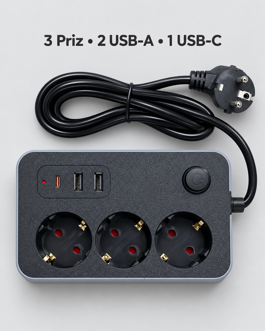 Masaüstü Kullanıma Uygun Anahtarlı USB ve Type C Çıkışlı Termal Akım Korumalı Priz