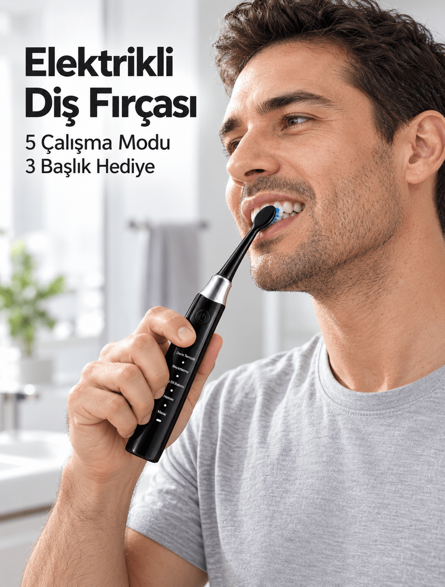 5 Çalışma Modlu Siyah Elektrikli Diş Fırçası 3 Yedek Başlık Hediyeli