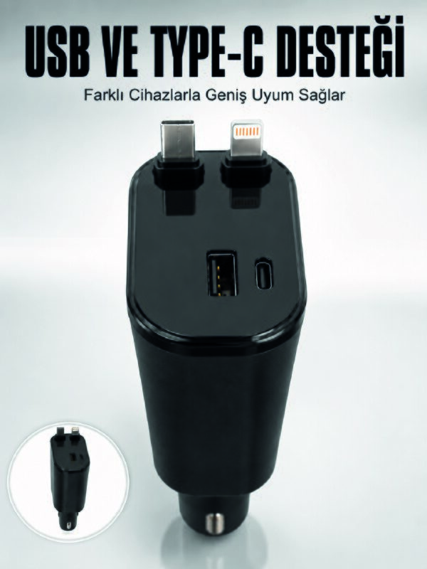 Araç Çakmaklık Şarj Cihazı 120W Type-C & Lightning Kablolu Çoklu Hızlı Şarj İstasyonu