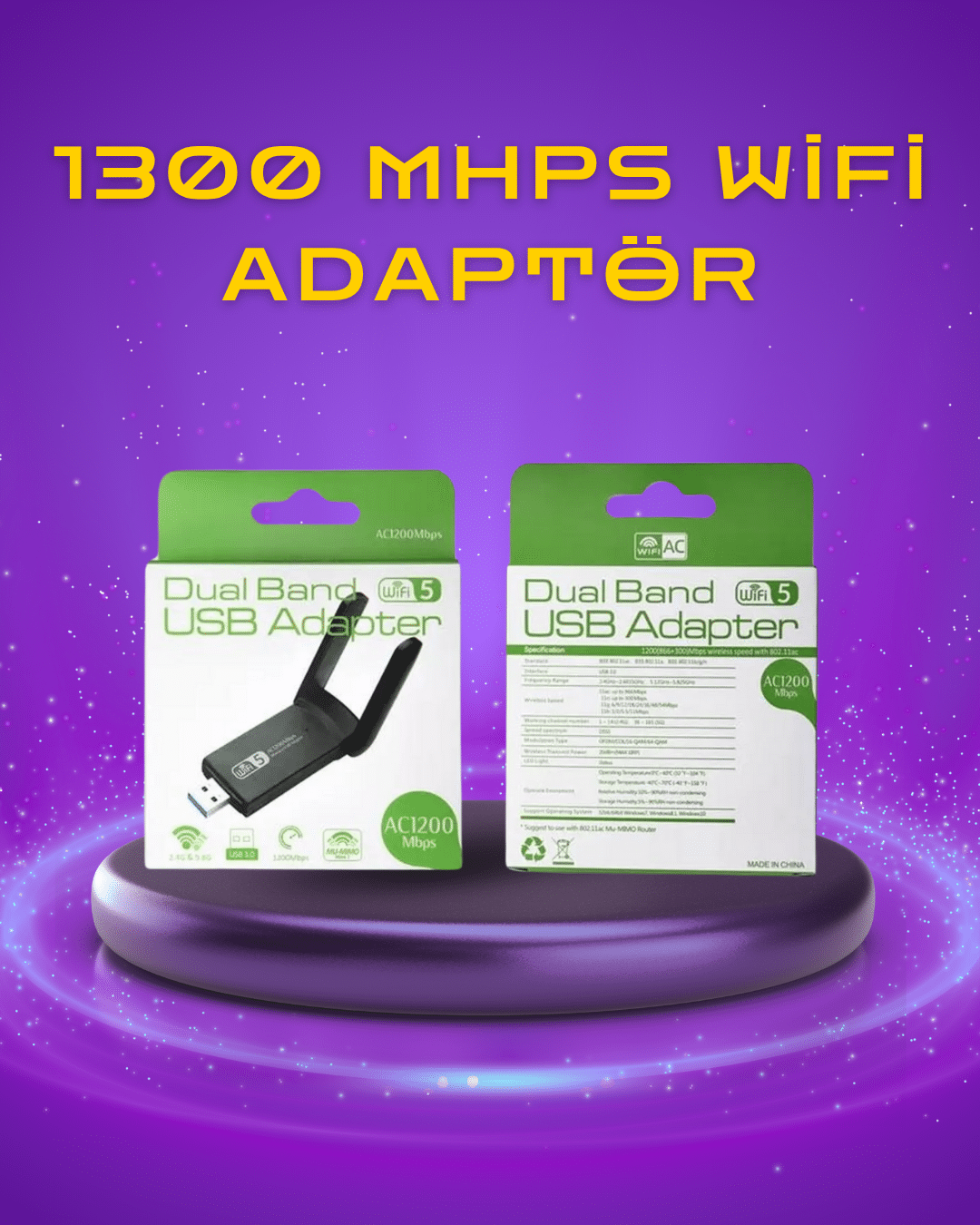 Yüksek Hızlı 1200 Mbps Çift Bant USB WiFi Adaptör – Güçlü Sinyal, Geniş Uyumluluk