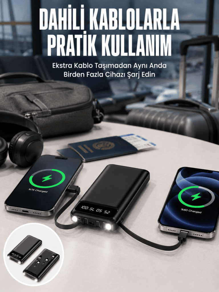 20.000 Mah Led Işıklı LCD Ekran USB Girişli Type-C Lightning Powerbank Yeni Nesil