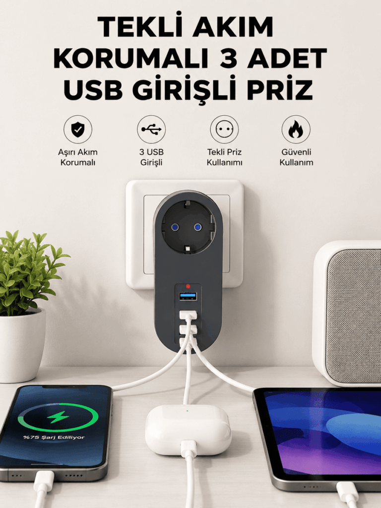 Isıya Dayanıklı 3 USB Portlu Güvenlikli Priz – Akıllı Enerji Yönetimi