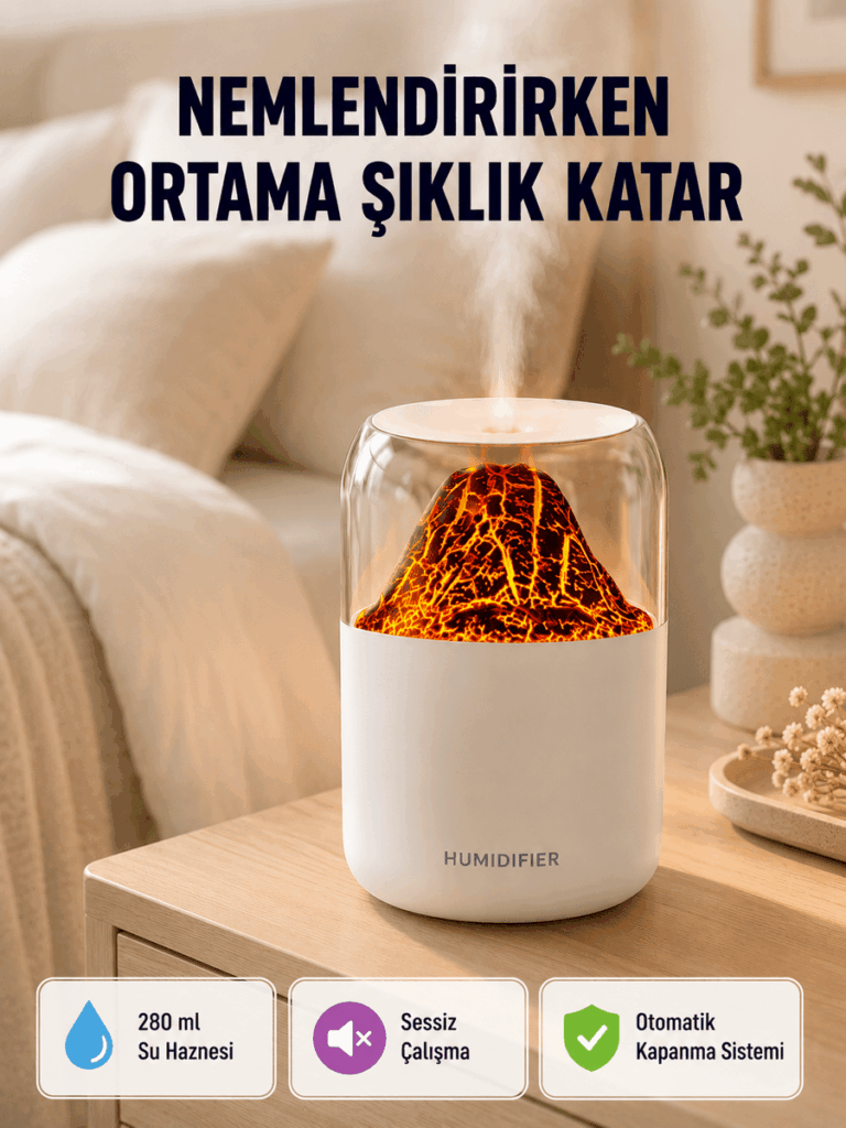 Alev Efektli Ultrasonik Uçucu Yağ Difüzörü 280ml Su Tanklı ve Sessiz Çalışma Özellikli