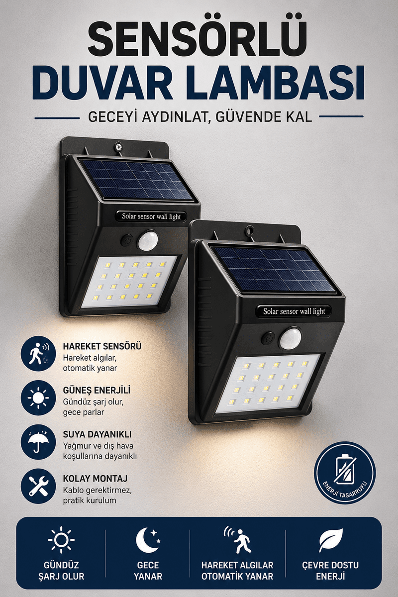 Solar Sensörlü Duvar Lambası Bahçe Lamba 20 Led Işık