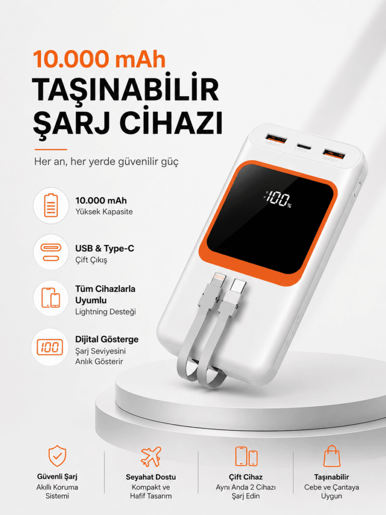 10.000 mAh Bataryalı, Dijital Göstergeli Taşınabilir Powerbank