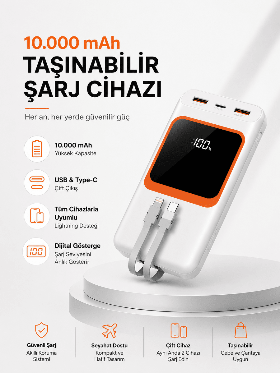 10.000 mAh Bataryalı, Dijital Göstergeli Taşınabilir Powerbank