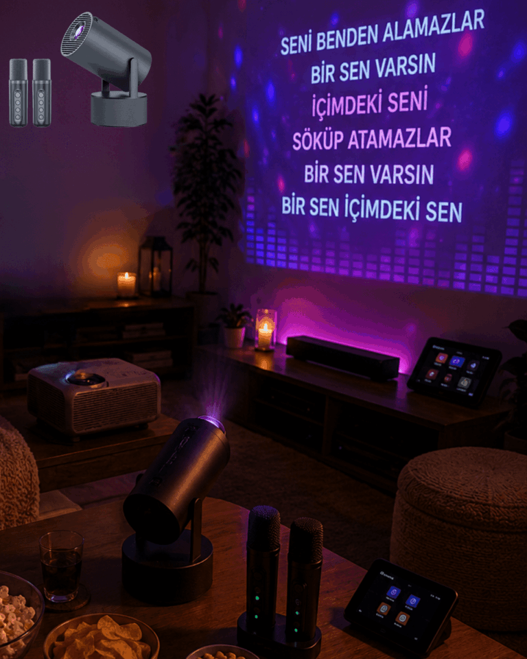 Bluetooth Hoparlörlü Akıllı Projektör Kablosuz Karaoke Mikrofonlu