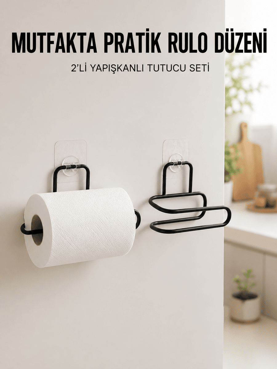 2’li Siyah Metal Rulo Kağıt Tutucu Yapışkanlı Banyo ve Mutfak Kağıtlık