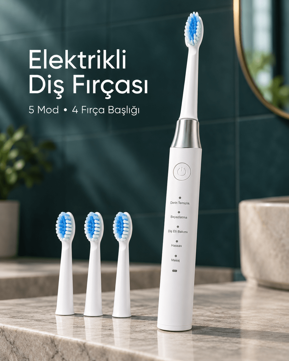 Değiştirilebilir Başlıklı Beyaz Elektrikli Diş Fırçası 5 Mod ve 3 Yedek Başlık