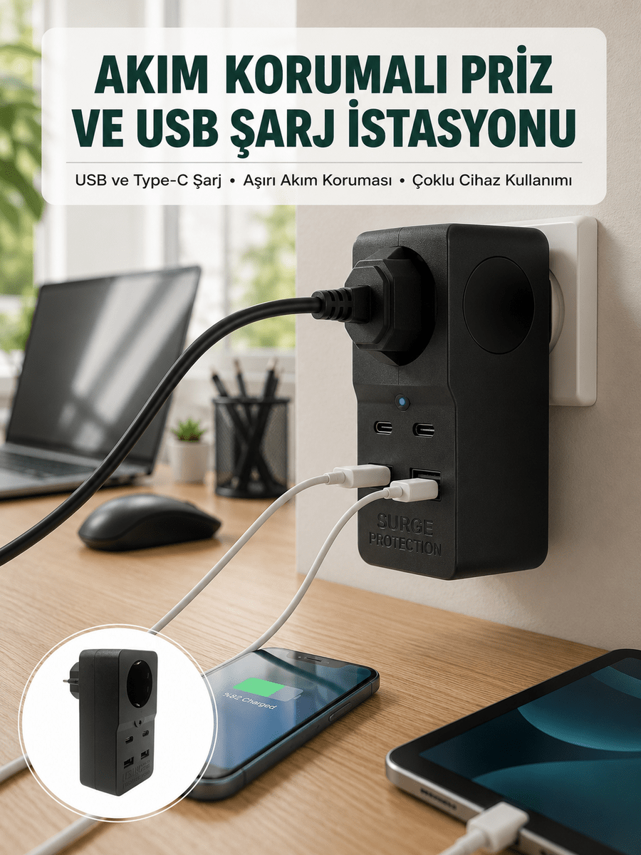 Isıya Dayanıklı PC Gövdeli Akım Korumalı Priz 4 USB Yeni Nesil