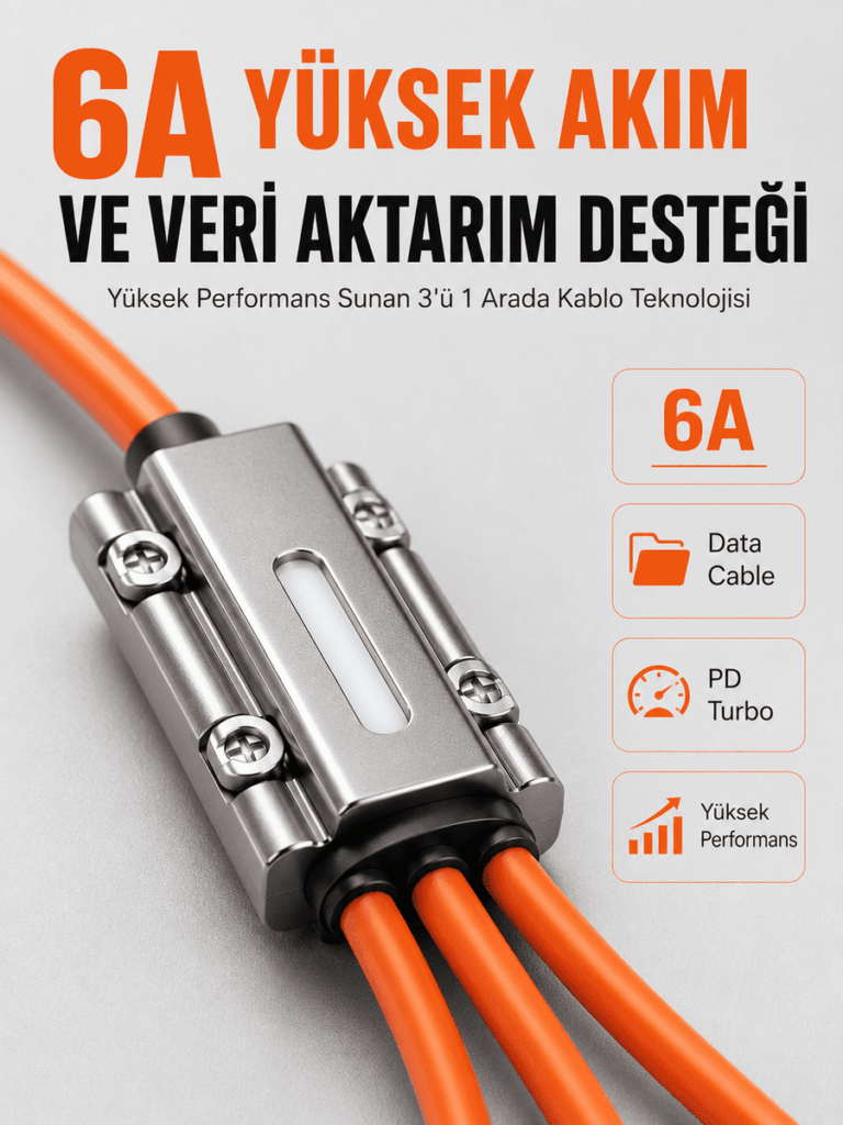 120W Hızlı Şarj Destekli 3'ü 1 Arada Çok Amaçlı Şarj ve Veri Aktarım Kablosu