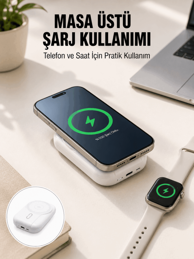 Akıllı Saat ve Telefon Uyumlu 4’ü 1 Arada Powerbank 10000 mAh Yeni Nesil