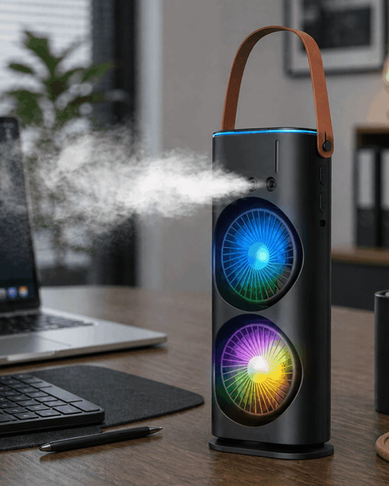 Çift Başlıklı Taşınabilir Fan RGB Işıklı Sprey Nemlendiricili Masaüstü Serinletici Fan
