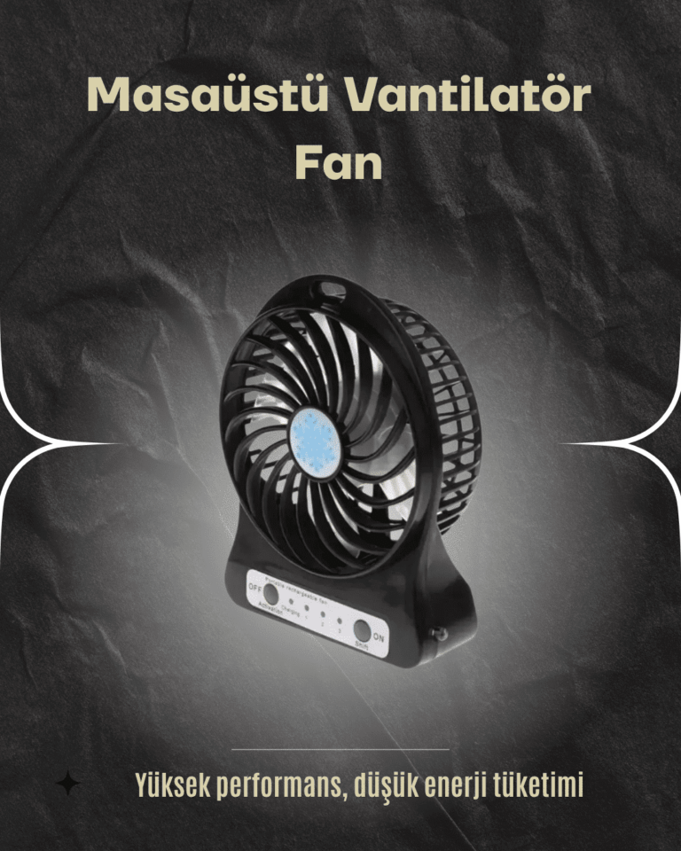 Şarjlı USB Fan – Masaüstü Mini Vantilatör, Taşınabilir, Işıklı, 3 Kademeli, Sessiz