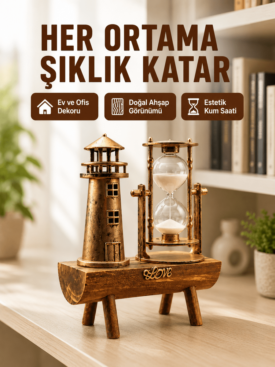 Ahşap Kum Saati ve Deniz Feneri Figürü Bir Arada  Ev Ofis Dekorasyonu Yeni Nesil