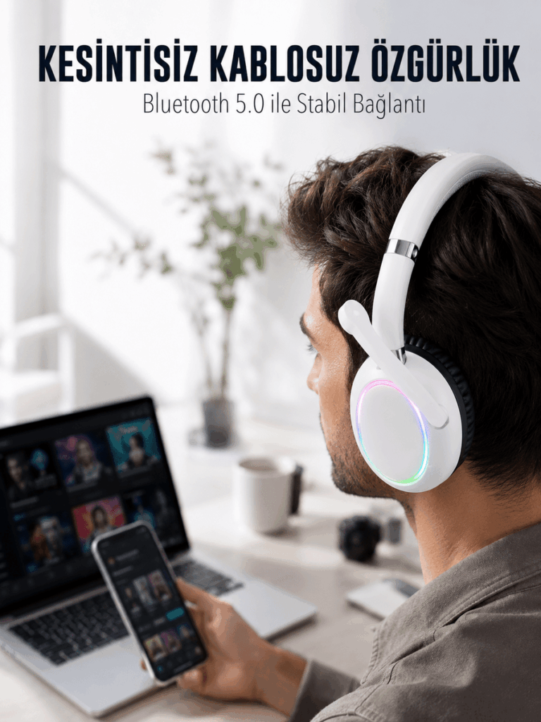 RGB Işıklı Mikrofonlu Bluetooth Kulaklık Beyaz Over-Ear Tasarım Type-C Şarjlı